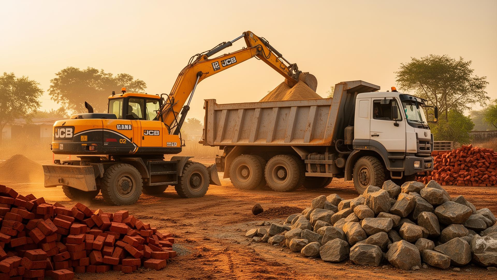 JCB loading sand into tipper at construction site